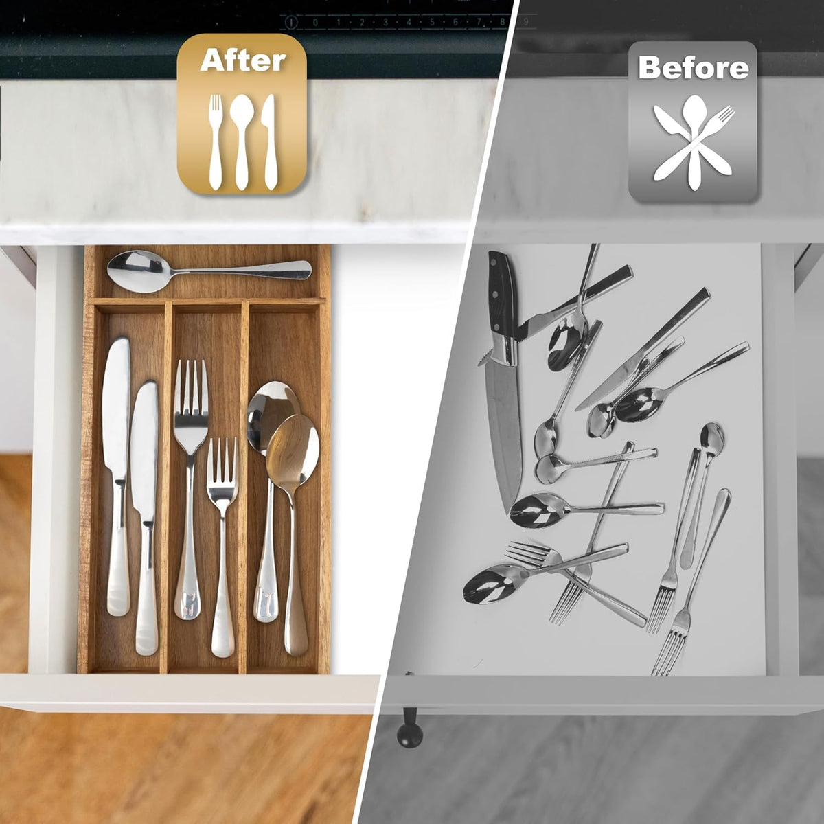 Acacia 4 Slot Silverware Drawer Organizer - Cutlery Holder with Flatware Tray