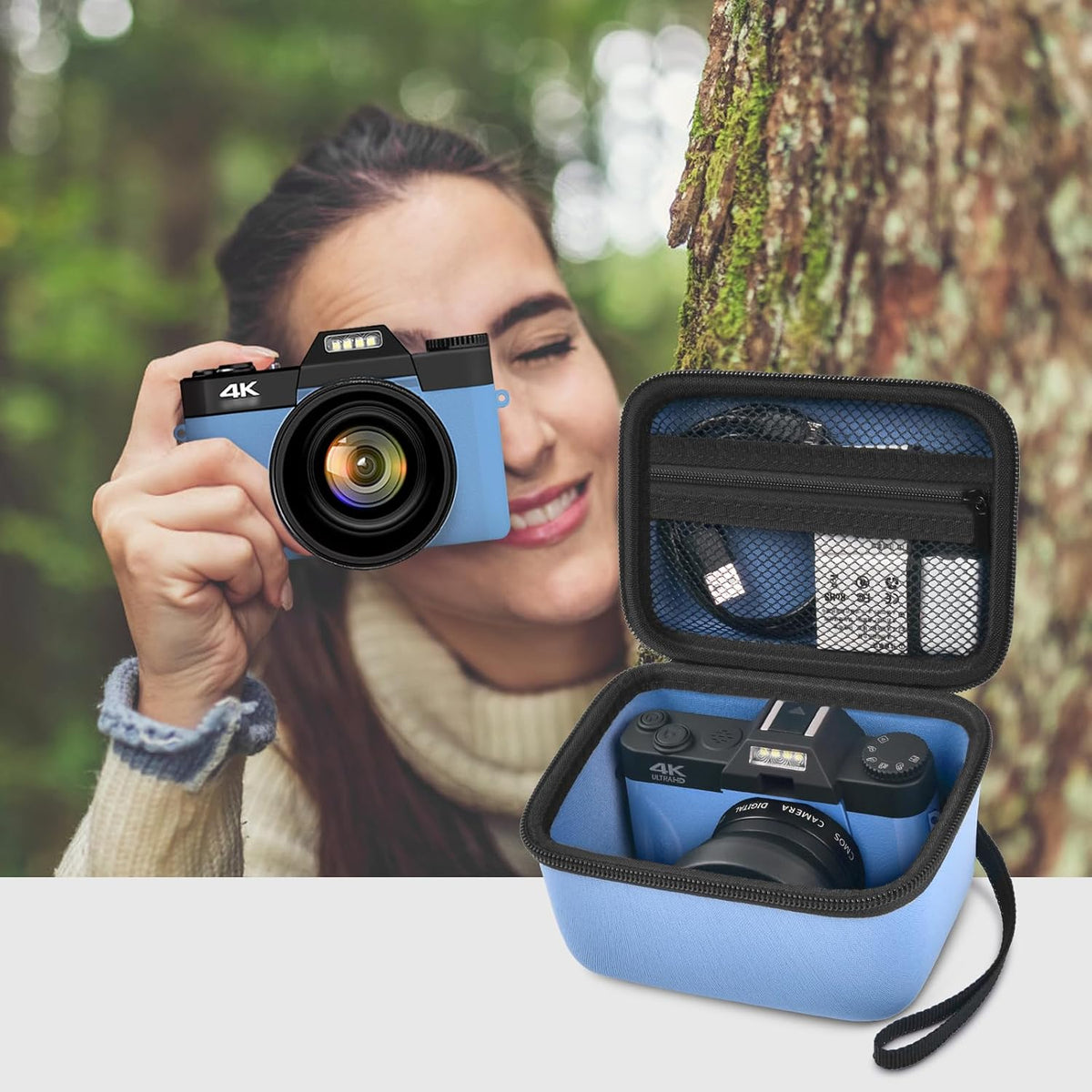 Vlogging Camera Case Compatible with Duluvulu/for TEBNGIHNM/for zheozeig/for Oiadek 4K Digital Cameras for Youtube. Vlog Camera Carrying Storage for Lens, Cable and Other Accessories - Blue