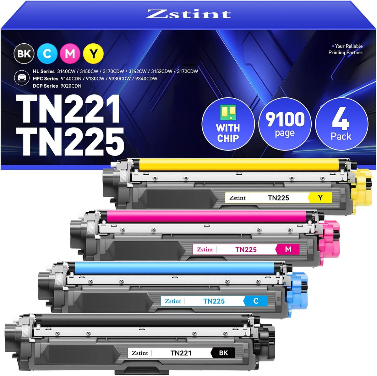 TN221 TN225 Toner Cartridge 4-Pack Replacement for Brother TN-221 TN-225 to Use with MFC-9130CW HL-3170CDW MFC-9340CDW HL-3140CW 3150CW MFC-9330CDW 9140CDN DCP-9020CDN Printer Black Cyan Yellow Magent