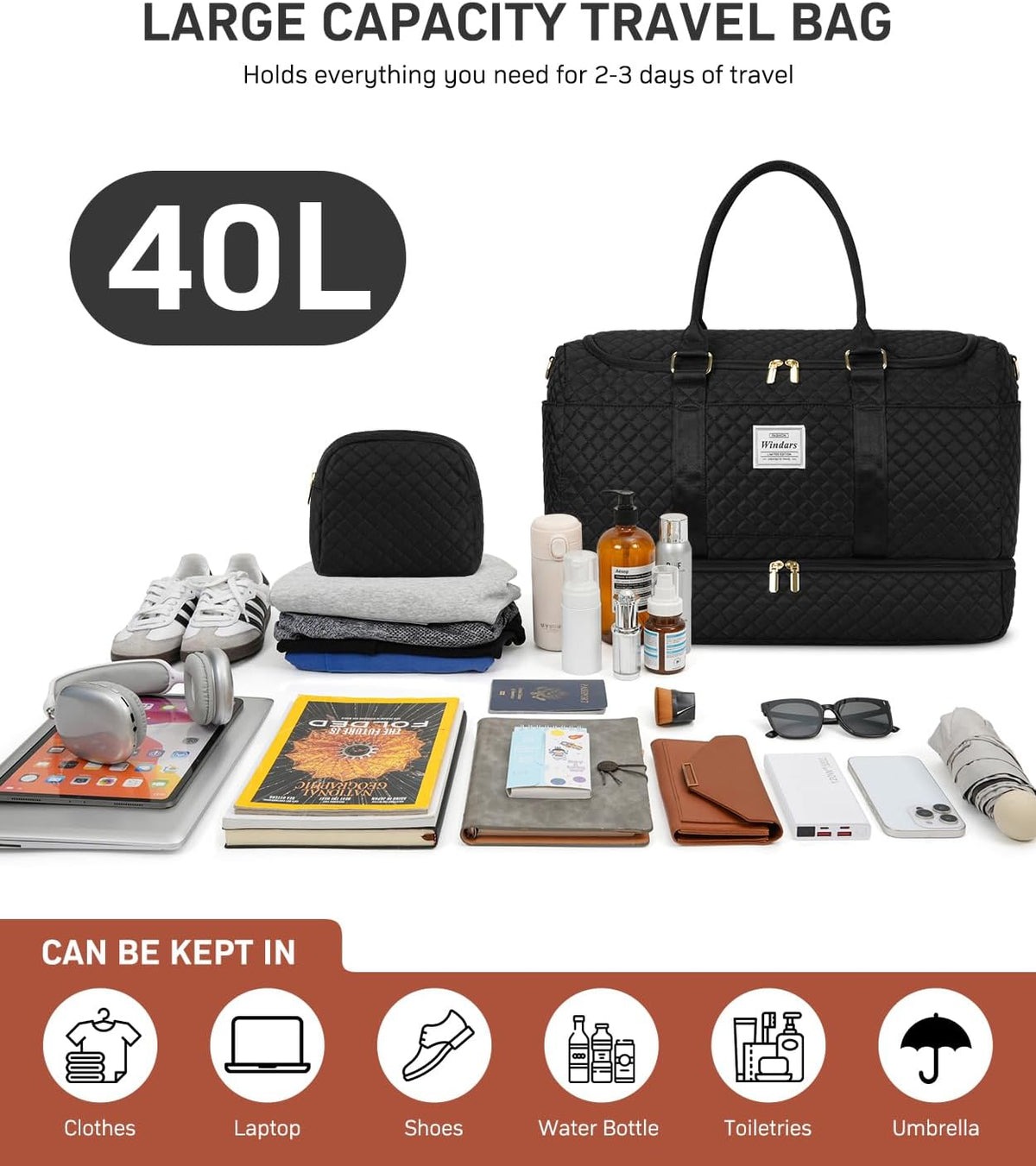 Travel Duffle Bag, Weekender Bags for Women with Shoe Compartment, Overnight Bag with Toiletry Bag, Carry On Duffel Bags For Airplanes, Yoga Gym Duffel Bag, Black