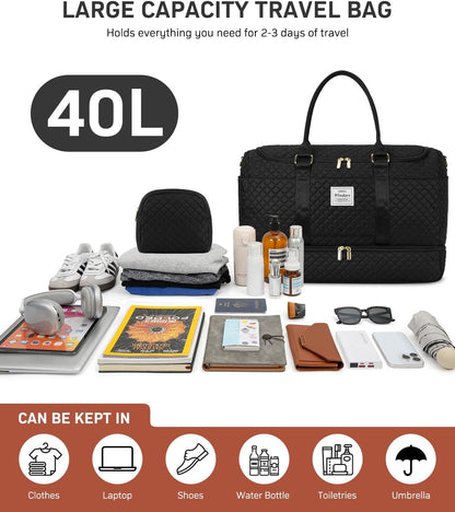 Travel Duffle Bag, Weekender Bags for Women with Shoe Compartment, Overnight Bag with Toiletry Bag, Carry On Duffel Bags For Airplanes, Yoga Gym Duffel Bag, Black