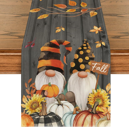 Artoid Mode Fall Gnomes Pumpkins Sunflower Maple Leaves Thanksgiving Table Runner, Seasonal Harvest Vintage Kitchen Dining Table Decoration for Indoor Outdoor Home Party Decor 13 x 72 Inch
