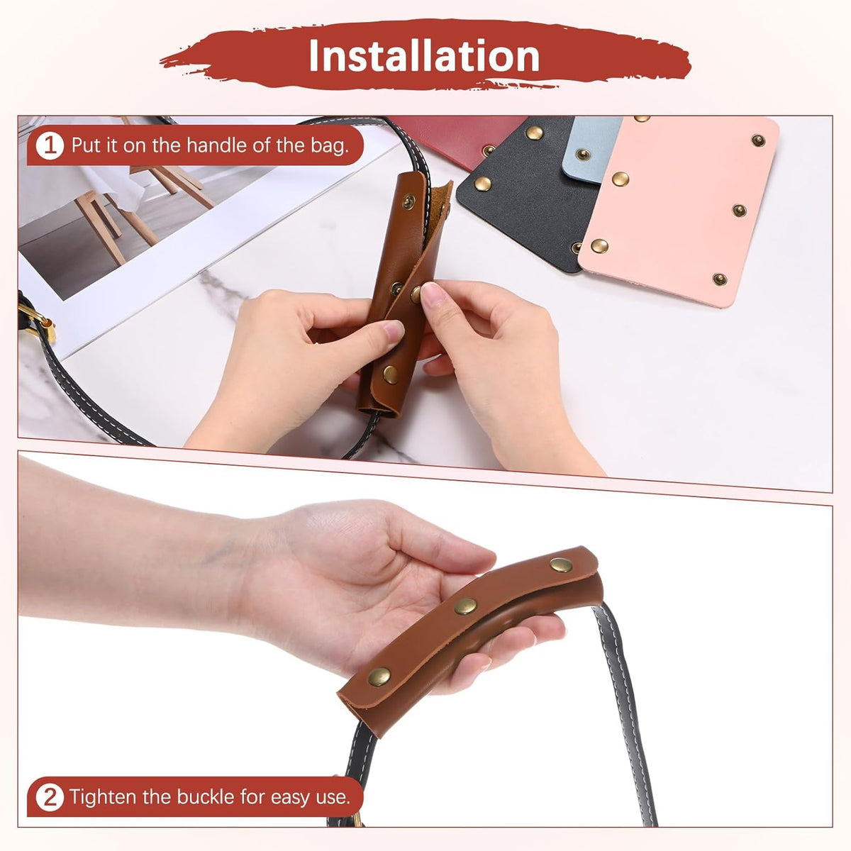 Leather Handle Wrap [4PCS] - Handbag Handle Wrap Cover with 3 Metal Clasps Use for Suitcases & Bags & Shopping Totes & Wallets - [Beige-5IN/13CM] Soft Purse Strap Pad
