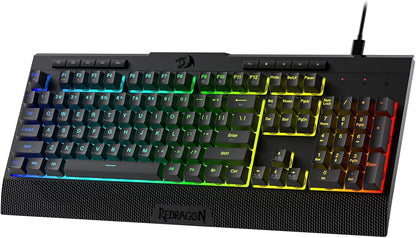 Redragon K525 RGB Backlit 104 Keys Wired Membrane Gaming Keyboard w/ 5 Multimedia Keys & 4 Extra On-Board Macro Keys, Dedicated Media Control, Ergonomic Wrist Rest, Linear Mechanical-Feel Switch