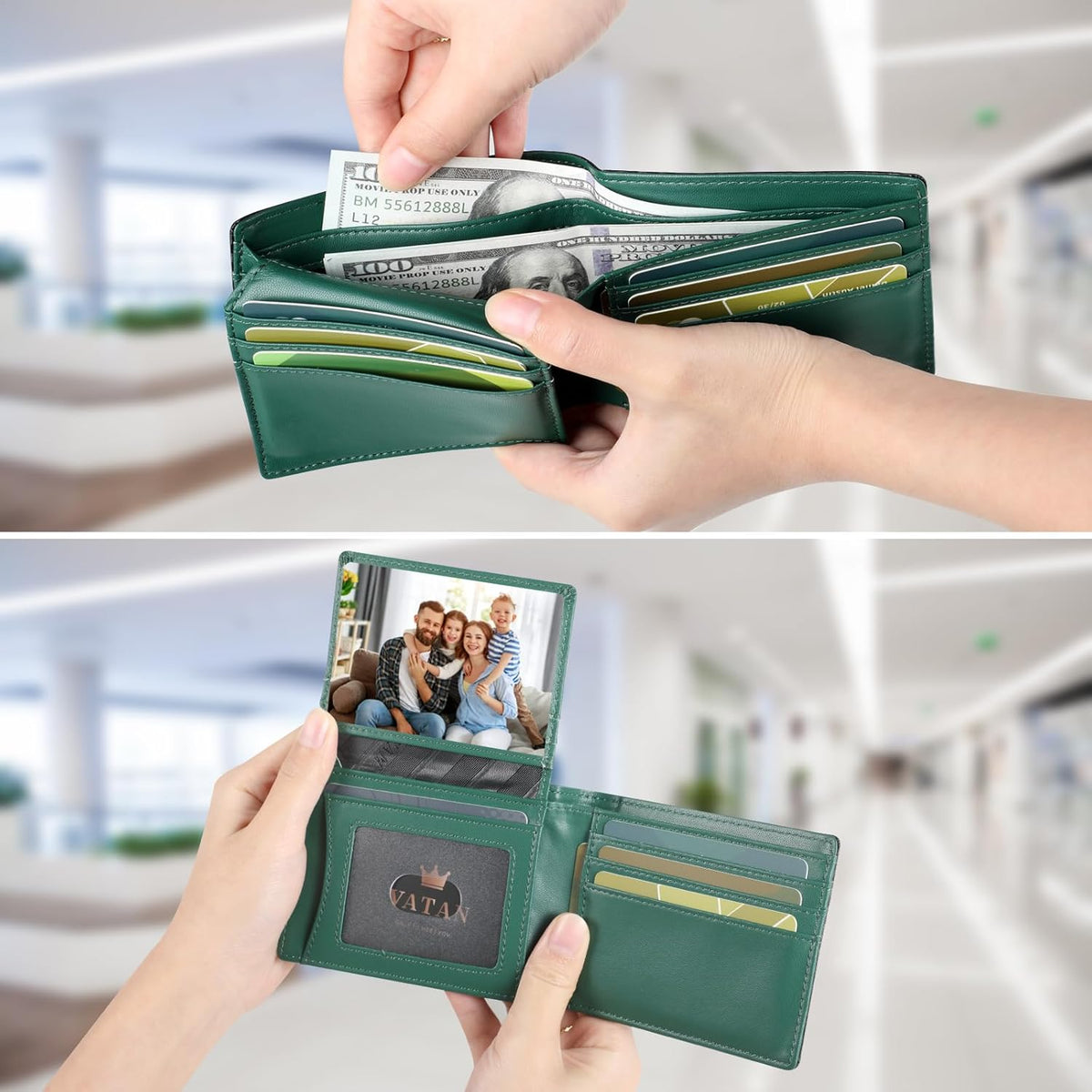 VATAN Wallet for Men, Mens Minimalist Wallet Credit Card Holder, Slim Leather Rfid 2 ID Window Large Capacity With Gift Box (Carbon black and Green)