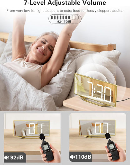 Digital Alarm Clock for Bedrooms, Slim LED Desk Clock with Gold Mirror Finish, 7 Levels Brightness, Dual USB Ports, Snooze, 12/24H, 8.7" Large Display Modern Bedside Clock for Home Office Decor