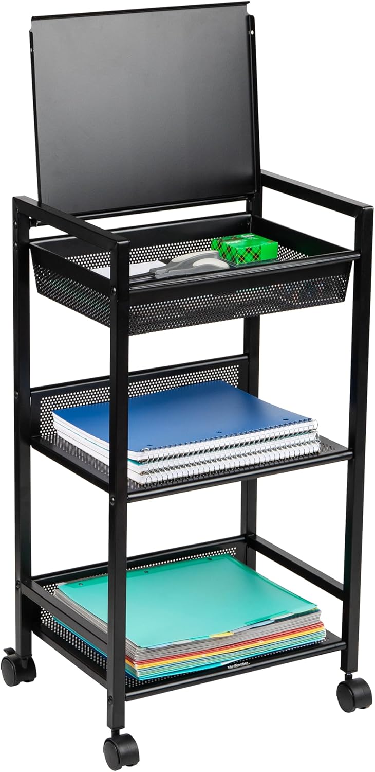 Mind Reader Cart with Covered Compartment, Office Organizer, Storage, 3-Tier, Office, Metal, 15.5" L x 11" W x 28.25" H, Black
