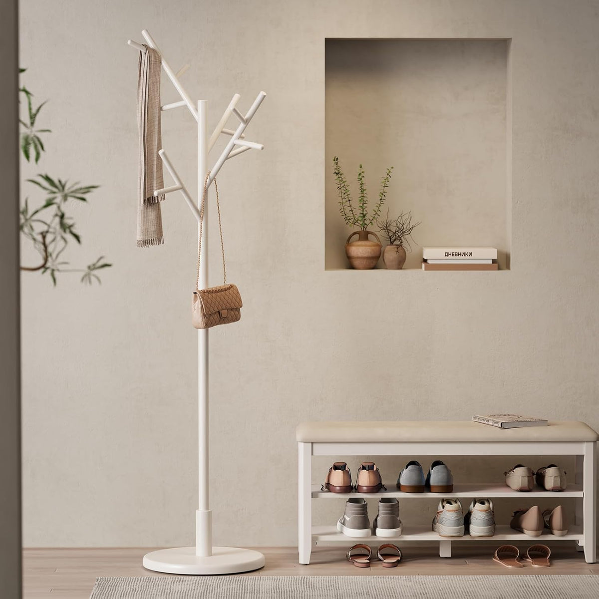 Coat Rack, Solid Wood Coat Rack Freestanding with 12 Hooks, Coat tree freestanding 3 Adjustable Heights for coat, Hats, Handbags，Coat Stand for Entryway,Bedroom (White)