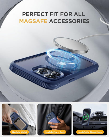 Miracase Magnetic for iPhone 12 Pro Max Case [Compatible with MagSafe] Full-Body Phone case with Built-in Glass Screen Protector& Camera Protector, Military Drop Proof 12 Pro Max Cover, Blue