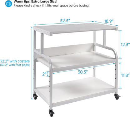 Printer Stand, 32.3" x 18.9" x 32.1" Extra Large Printer Table with Adjustable Storage Shelf, 3 Tier Rolling Printer Cart with Industrial Wheels for Home Office, White