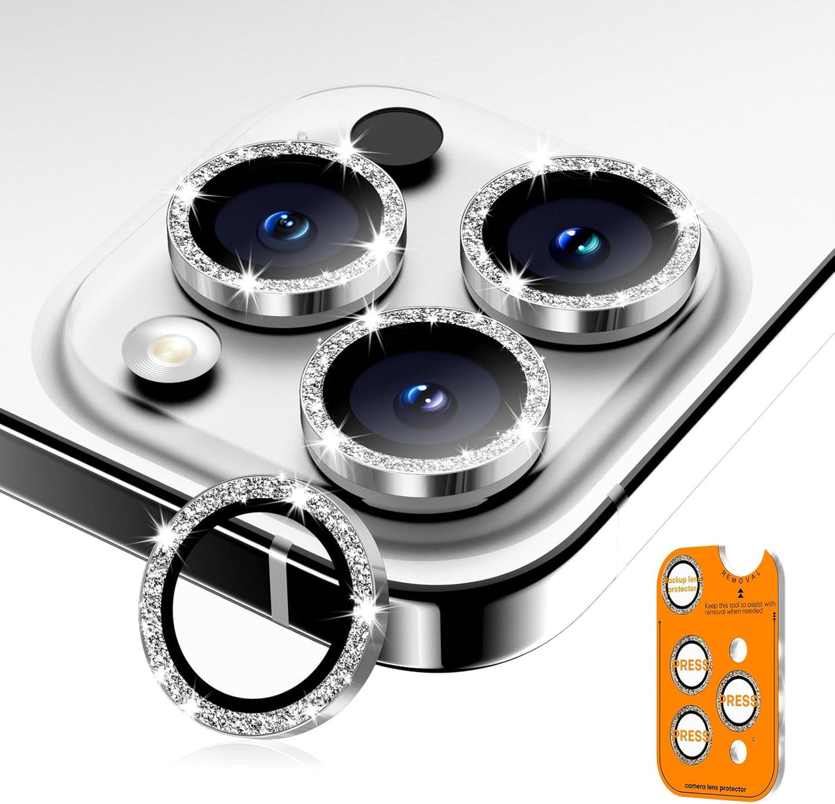 Camera Lens Protector for iPhone 16 Pro Max/16 Pro/15 Pro Max/15 Pro/14 Pro Max/14 Pro, Sapphire Glass Metal Individual Camera Cover Screen, Anti-drop, Case Friendly- Glitter White Titanium