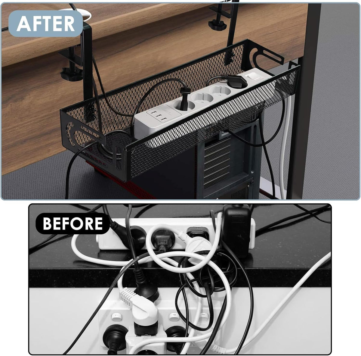 Cable Management, 2 Pack Cable Management Under Desk No Drill, Metal Cord Organizer with Clamp for Standing Desk, Cable Organizer for Home Office, Black