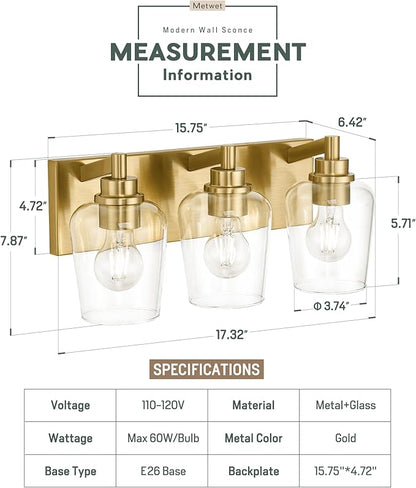 METWET Bathroom Light Fixtures, 3-Light Modern Vanity Light