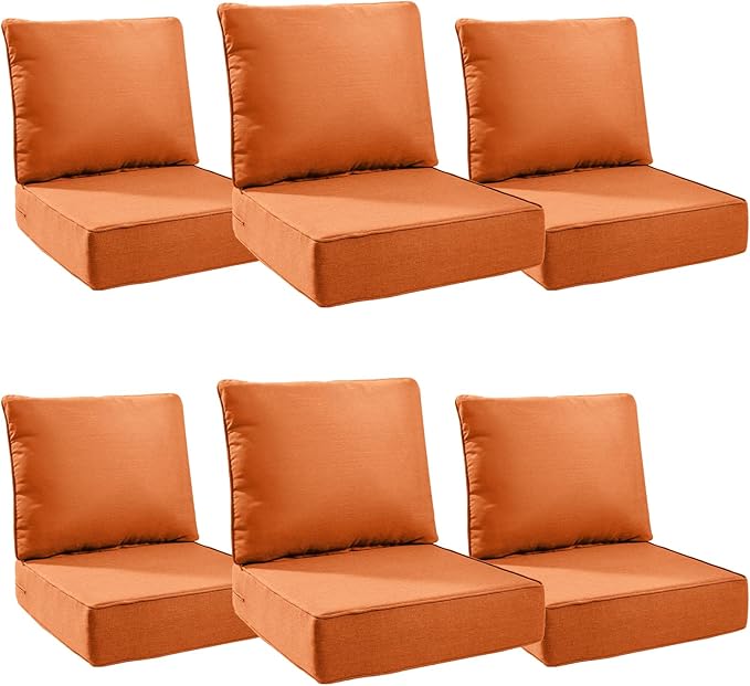 6" Thick Outdoor Cushions 24x24x6, 6-Set Deep Seat Patio Cushions with Removable Cover, Waterproof & Fade Resistant Replacement for Wicker Chair, Loveseat, Sofa - Orange