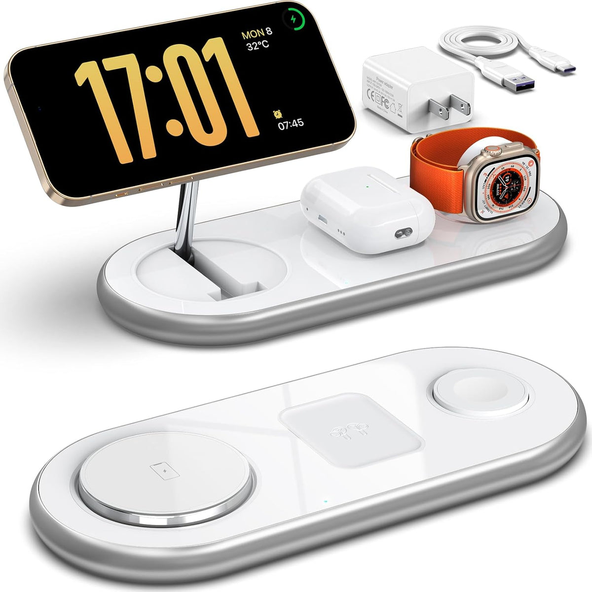 3 in 1 Charging Station for Apple - Faster Mag-Safe Charger Stand for iPhone - Magnetic Wireless Charger Station for iPhone 16/15/14/13/12 Series, Apple Watch Series, AirPods Pro (White)