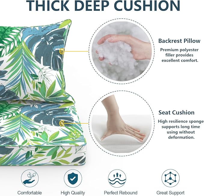 Outdoor Deep Seat Cushion Set, Water Repellent 24"x24" Patio Thick Cushions Replacement with Seat & Back Pillow for Patio Sofa, Wicker Chair, Couch - Islamorada Blue Green