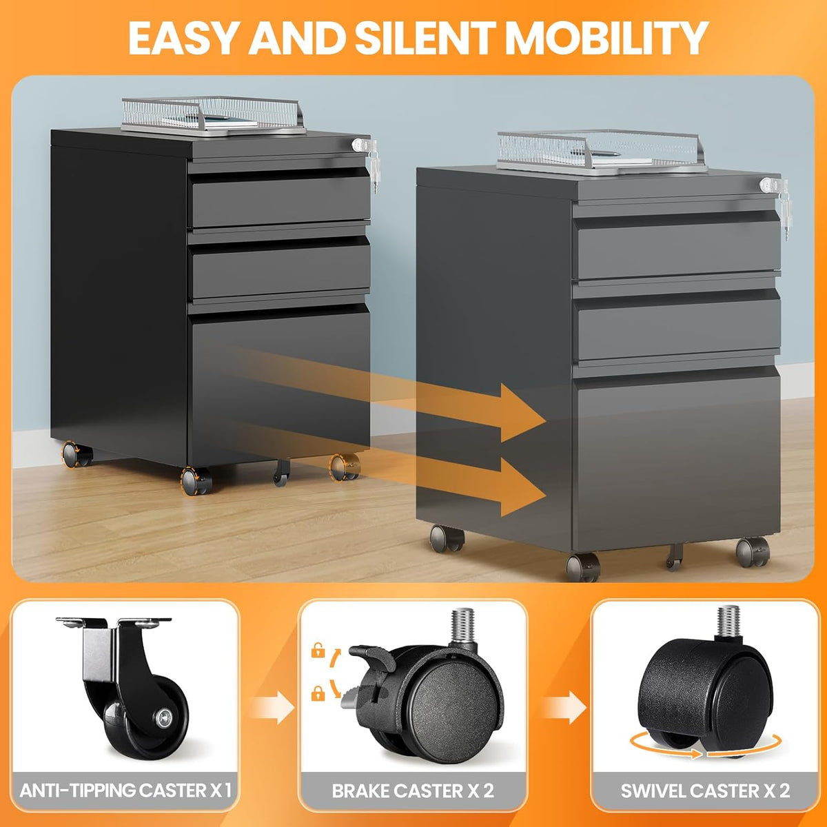 3 Drawer Mobile File Cabinet with Lock, Rolling Filing Cabinets for Home Office, Under Desk Small File Cabinet Three Drawers for Legal/Letter/A4 File, Black - Assembly Required
