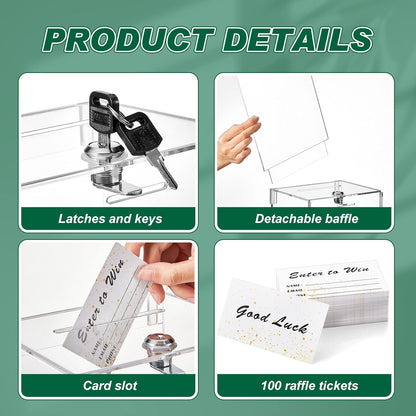 Teling Tall Acrylic Donation Box with Lock and Sign Plate Safe Suggestion Box with 100pcs Raffle Tickets Cards for Raffle, Money, Voting, Charity, Suggestion (Transparent, 6.7 x 5 x 8 Inch)