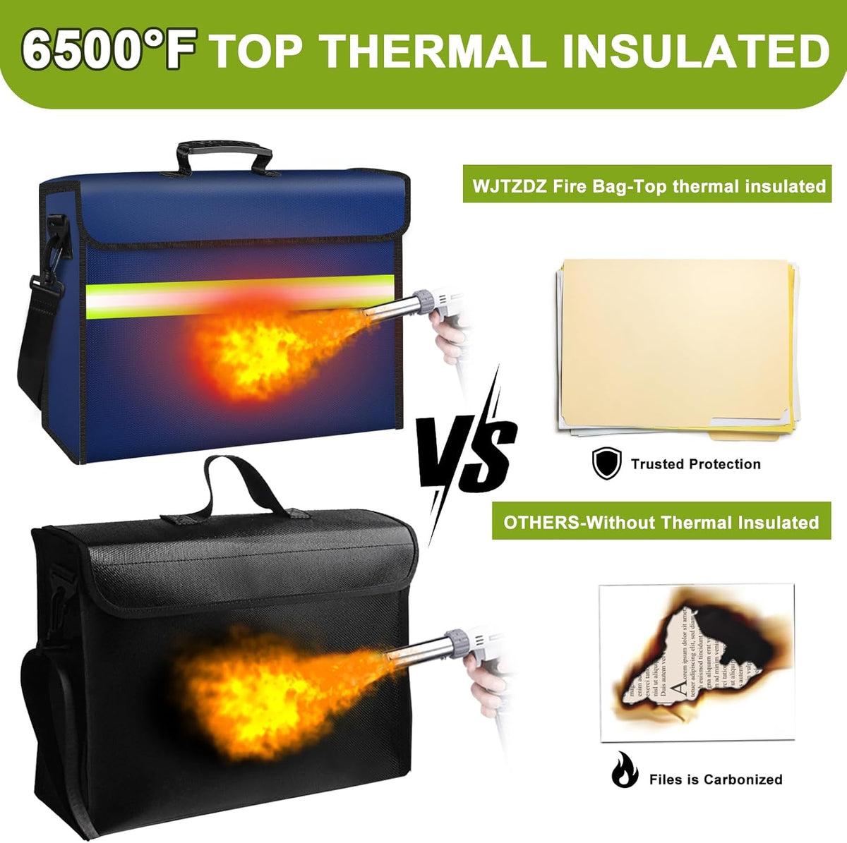 Fireproof Money Bags with Lock-6500°F Fireproof Document Box,10 Layers Insulation Materials&Waterproof Zipper,Removable Folder Layers/Wallet,Reflective Strip for Cash,Valuables(14.2”x 9.6”x 4.1”)