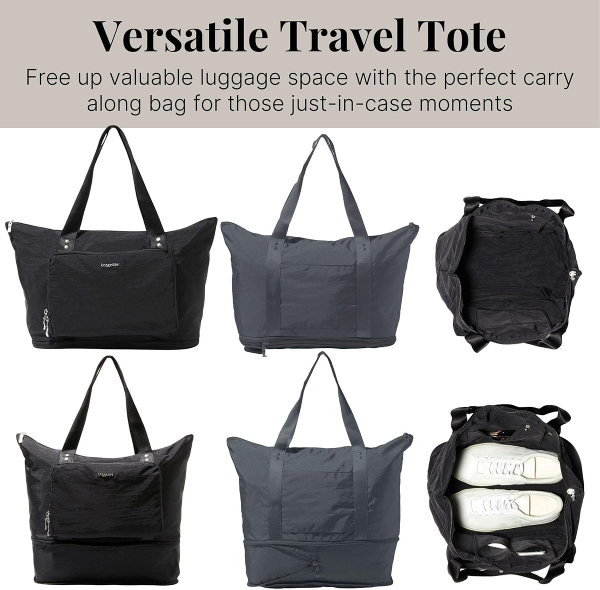 Baggallini Carryall Expandable Lightweight Travel Tote 22" Packable Folding Compact Nylon Washable Weekender w/Luggage Sleeve