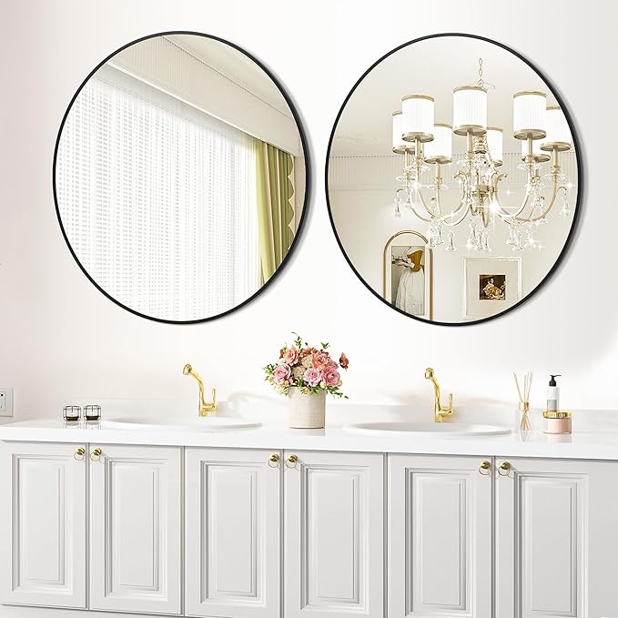 20 Inch Black Round Wall Mirror, Modern Metal Frame for Bathroom, Living Room, Bedroom Decor