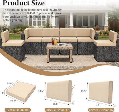 14 Pcs Outdoor Replacement Cushions for Patio Furniture, All Weather Water Resistant Cushion for 6 Seat Rattan Wicker Sectional Patio Conversation Sets and Couch (Khaki)