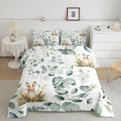 Erosebridal Girls Kawaii Animal Queen Size Comforter Set Cute Rabbit Bedding Set, Cartoon Wildlife Down Comforter Green Leaf Bed Set, Spring Garden Plant Quilted Duvet Child Kids Bedroom Decor
