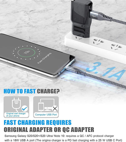 sweguard USB C Cable 3.1A Fast Charging [3Pack,10ft+6.6ft+6.6ft], USB-A to USB-C Charger Nylon Braided Cord for Samsung Galaxy S21 S20 S10 S9 S8 Plus/FE Note 20 10 9 8 7, A71 A51 A32,LG,Moto,PS5