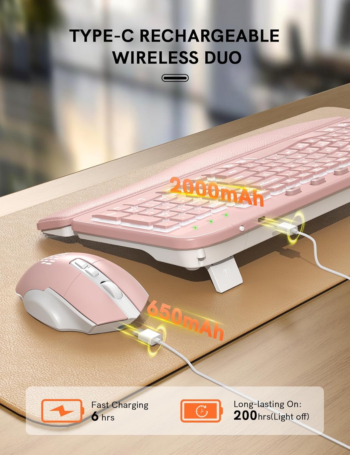 SABLUTE Ergonomic Wireless Keyboard and Mouse Combo - Wave Keyboard with Soft Leather Wrist Rest, Resistant Keys, RGB Backlit Rechargeable Set for PC/Mac/Chromebook (Pink)