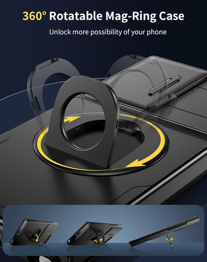 for Samsung Galaxy S22 Ultra Case Magnetic Compatible with MagSafe Wireless Charging,with Screen Protector,Built-in Stand Ring+Camera Cover Anti-Scratch Shockproof Heavy Duty Protection Black