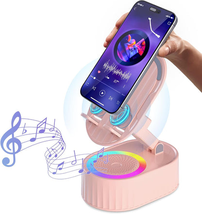 Wireless Induction Audio Bluetooth Speaker 5in1 Phone Holder Emergency Rechargeable (3000mAh) with Colorful Ambient Light 300° Foldable for Tablet iPhone Android, Womens Birthday Gifts(Pink)