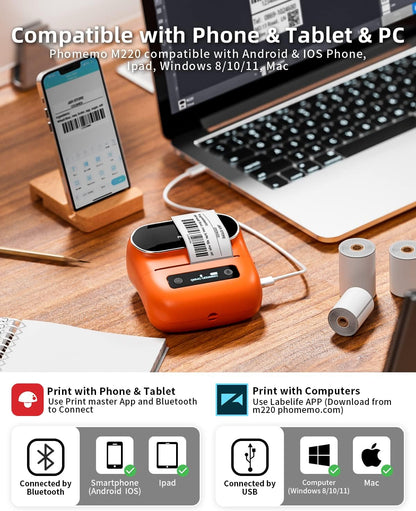 Phomemo M220 Label Maker, New Flagship Barcode Printer, 3.14 '' Bluetooth Thermal Label Printer, for Address, Mailing, Files,Small Printer Compatible with Android, iOS,with 3 Label, 80mm