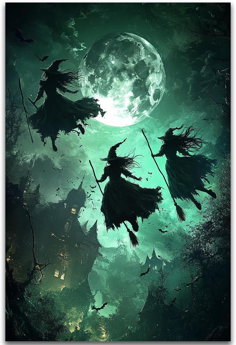 Flying Three Witches Halloween Canvas Wall Painting,Witches on Broom Under Full Moon Castle Victorian Decoration Haunted House Retro Poster for Living Room Bedroom Gallery,24"x36" Unframed