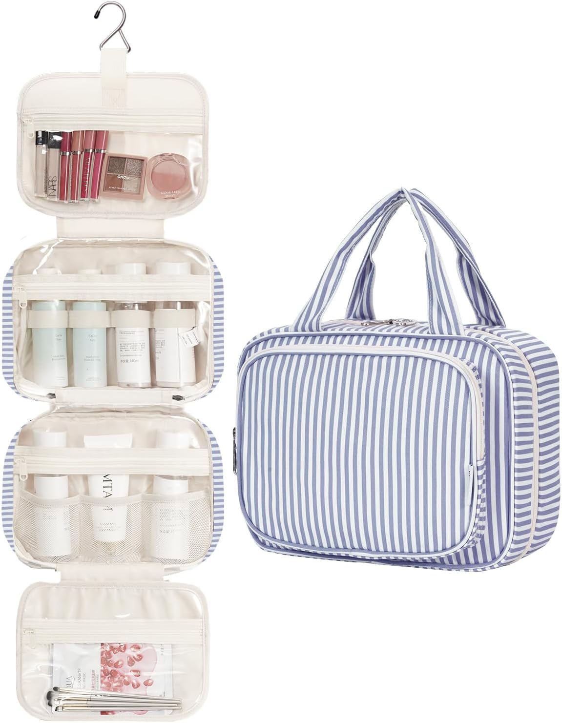 Narwey Striped Hanging Toiletry Bag for Women Travel Makeup Bag Organizer Toiletries Bag for Travel Size Essentials Accessories Cosmetics (Greyish Blue Stripe (Medium))