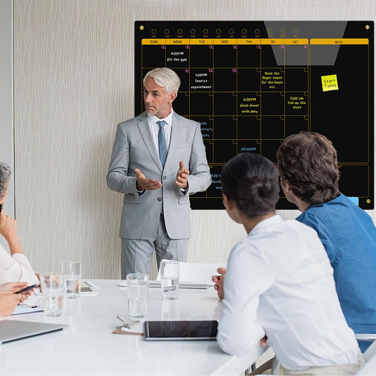 Magnetic Glass Planner Writeboard 36"X48" Monthly/Weekly 3 in 1 Calendar Premium Tempered Glass Dry Erase Boards Frameless Wall Mounted (Black)