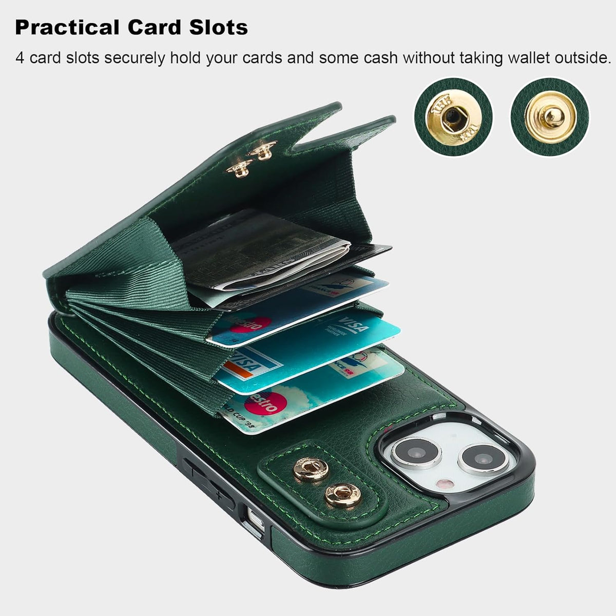 Folosu Compatible with iPhone 14 Case Wallet with Card Holder, 360°Rotation Finger Ring Holder Kickstand, RFID Blocking Leather Protective Double Buttons Shockproof Cover 6.1 Inch Dark Green