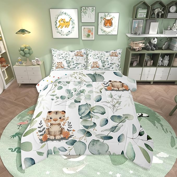 Erosebridal Kids Cute Animal Queen Size Comforter Set for Girls Boys Cartoon Tiger Bedding Set, Spring Eucalyptus Down Comforter Watercolor Leaves Bed Set, Kawaii Jungle Animal Quilted Duvet