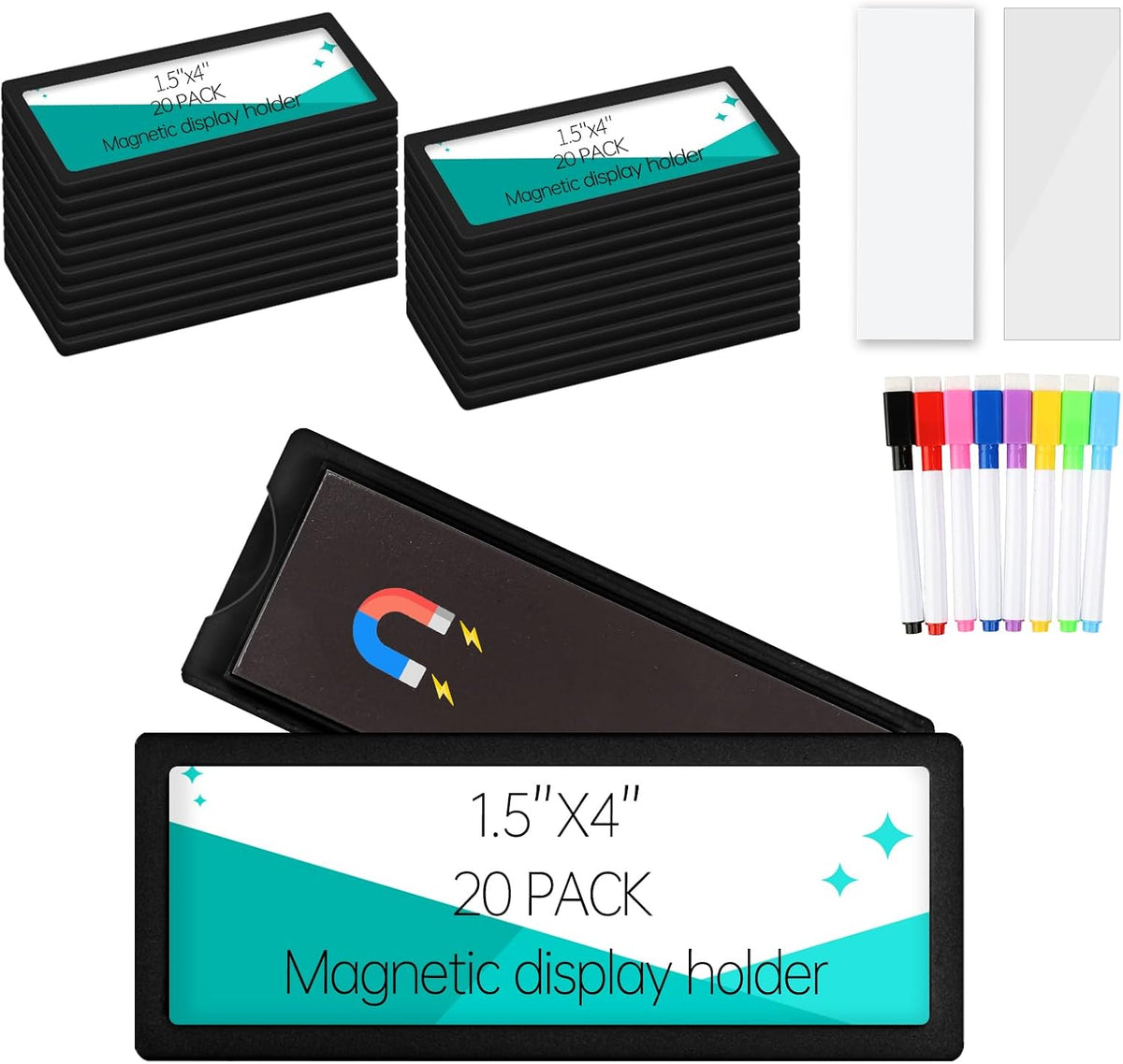 20Pcs Magnetic Plastic Label Holder Black 1.5x4 inch for Supermarket Store Price Tag Metal Shelf File Storage Cabinet Drawer Label Tag Resuable with 8 Color Chalk Makers, 20Pcs White Paper