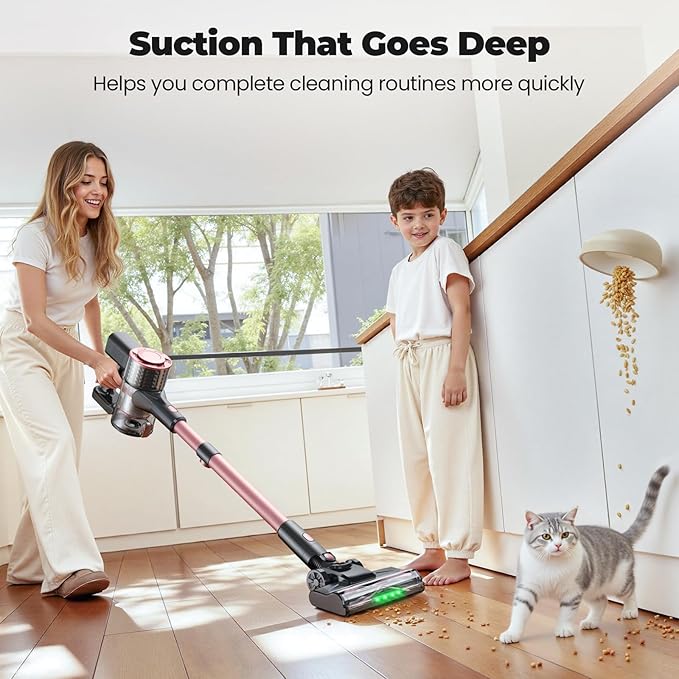 Cordless Vacuum Cleaner, Powerful Lightweight Stick Vacuum with Self-Standing, Anti-Tangle, 8-in-1 Rechargeable Vacuum Cleaners for Home, Hardwood Floors, Carpet, Pet Hair (Pink)