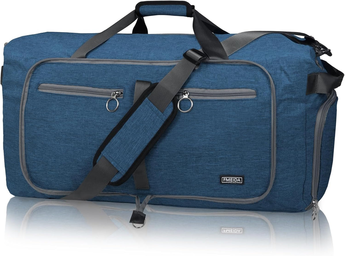 Fmeida 65L Duffle Bag with Shoes Compartment, Foldable Travel Duffel Bags for Men Women, Large Packable Travel Bag Water Repellent & Tear Resistant (Blue)