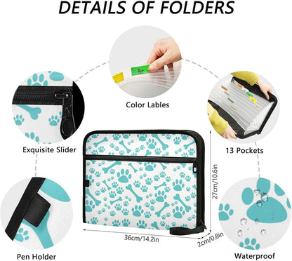 Gredecor 13 Pockets File Folder Organizer A4/Letter Water Resistant Sky Blue Dog Bone Paw Document Bag with Zipper Filing Folder Expanding File Pouch Storage for School Office