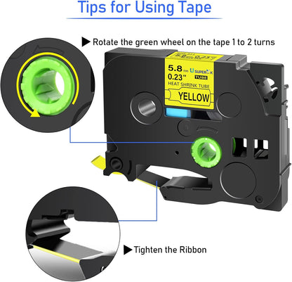 10PK Compatible for Ptouch HSe-611 HSe611 HS-611 HS611 Black on Yellow 5.8mm 0.23'' Heat Shrink Tubing for Wire Cable for PT300 PT-300B PT310 PT310B PT320 Label Maker Tape