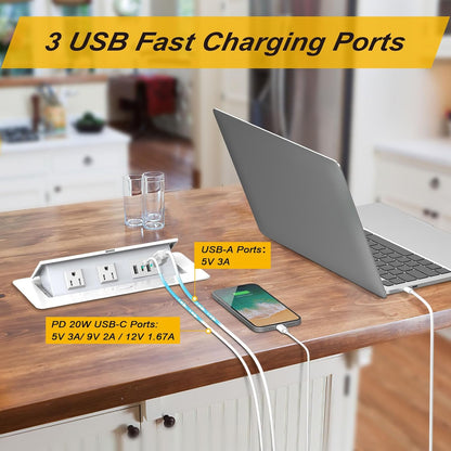 UL Listed Recessed Power Strip, Pop Up Power Cover Box Desktop Socket with USB C Charging Ports, Stainless Steel Receptacle Outlet for Conference Room Countertop (White-USB C)