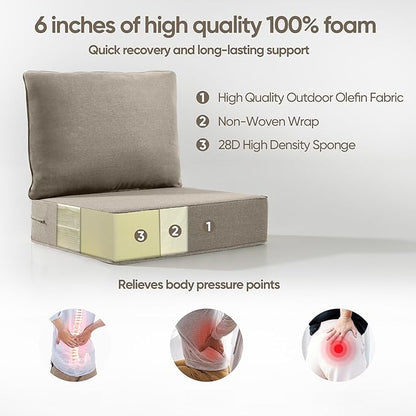 6" Thick Outdoor Cushion, 24*24*6" Patio Furniture Cushions with Waterproof Patio Furniture Cushions with Removable Cover, 28D High Density Patio Cushion for Outdoor Furniture, Gray-4pcs