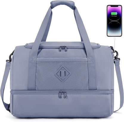 WANDF Travel Duffel Bag with Wet Pocket & Shoe Compartment, 18x14x8 Personal Item Bag with USB Charging Port, Water-Resistant Gym Weekender Overnight Carry-on for Women Men (Grey)