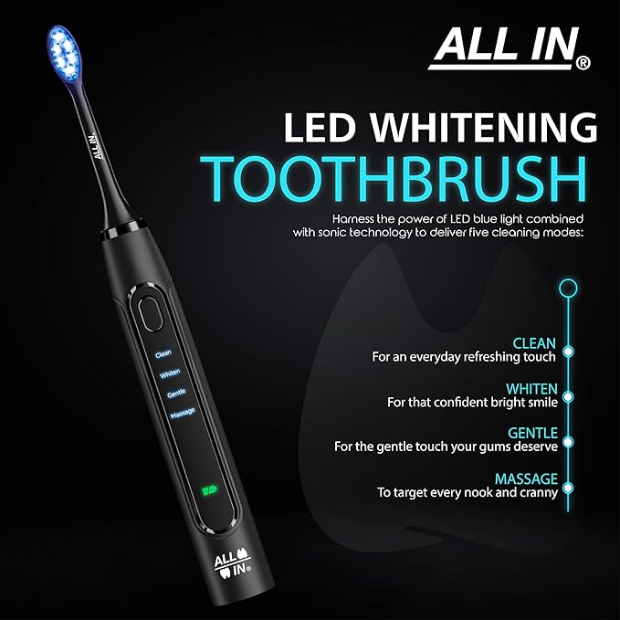 ALL IN Sonic LED Whitening Toothbrush and Replacement Heads Full Set