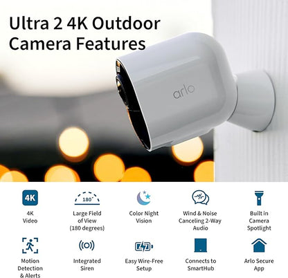 Arlo Ultra 2 Spotlight Camera 4K HDR (2 Cameras, SmartHub Included & Required) | Wireless Home Security Camera | Color Night Vision, Motion Sensor, 180º View, 2-Way Audio, White