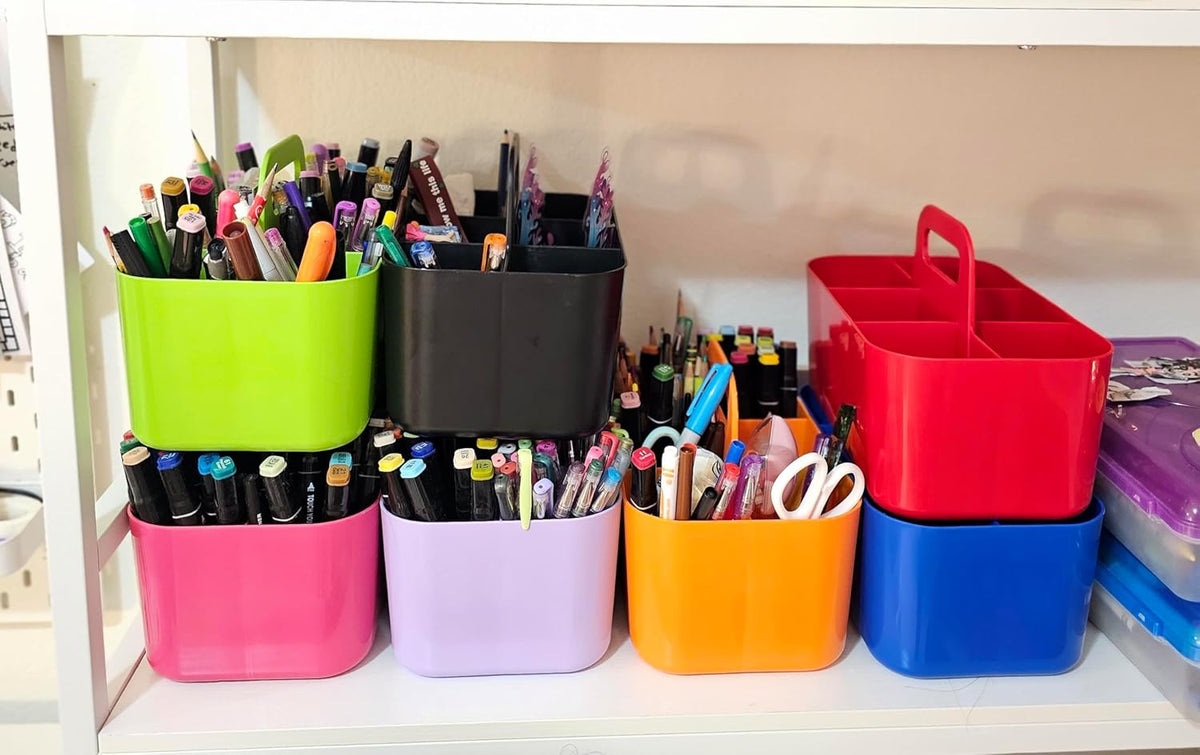 2 Pack Small 6 Compartment Multiuse Caddy Organizer with Handle Art Craft Supplies, Office, Desk, Stationery Pen Holder Stackable- Made In USA (Red/Blue)