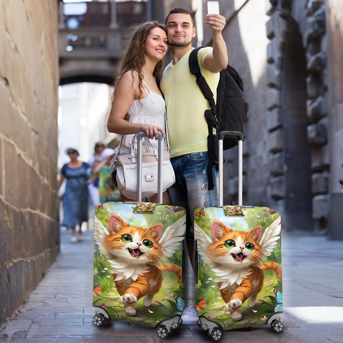 Travel Luggage Cover,Cute Cat Theme Suitcase Cover Accessory Kit, Luggage Tag, and Comfortable Luggage Handle Wrap, Washable Zipper Close Luggage Suitcase Protector (18-20 inch,S)
