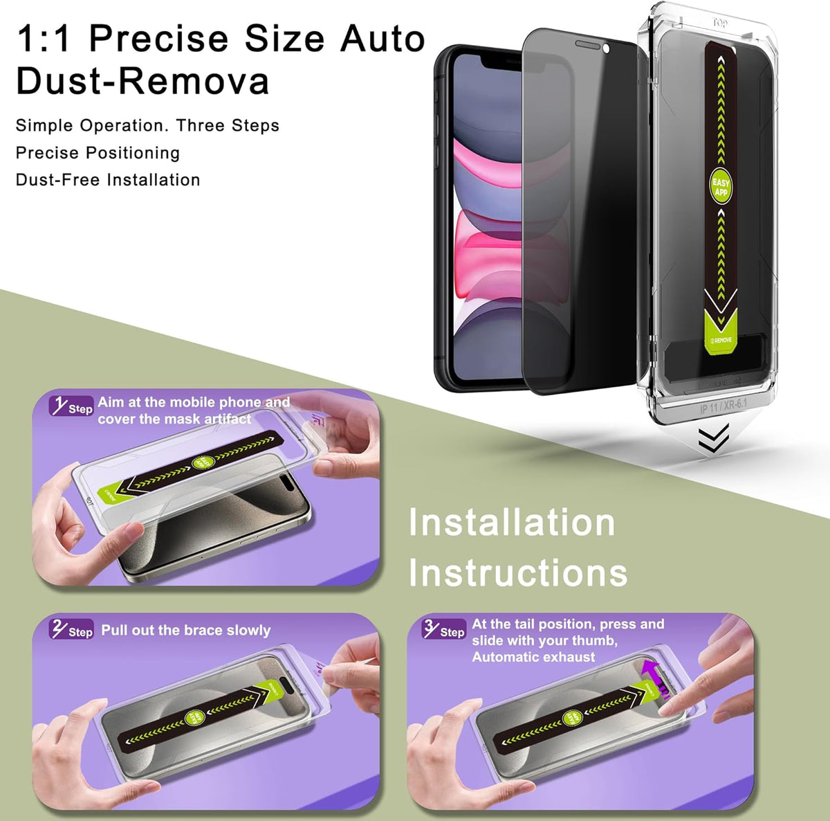 (2-Pack Anti-Spy Privacy Screen Protector for iPhone 11/XR(6.1-Inch),9H Tempered Glass,Full Coverage,Anti-Fingerprint,Auto Dust Removal,Bubble-Free,Easy Installation